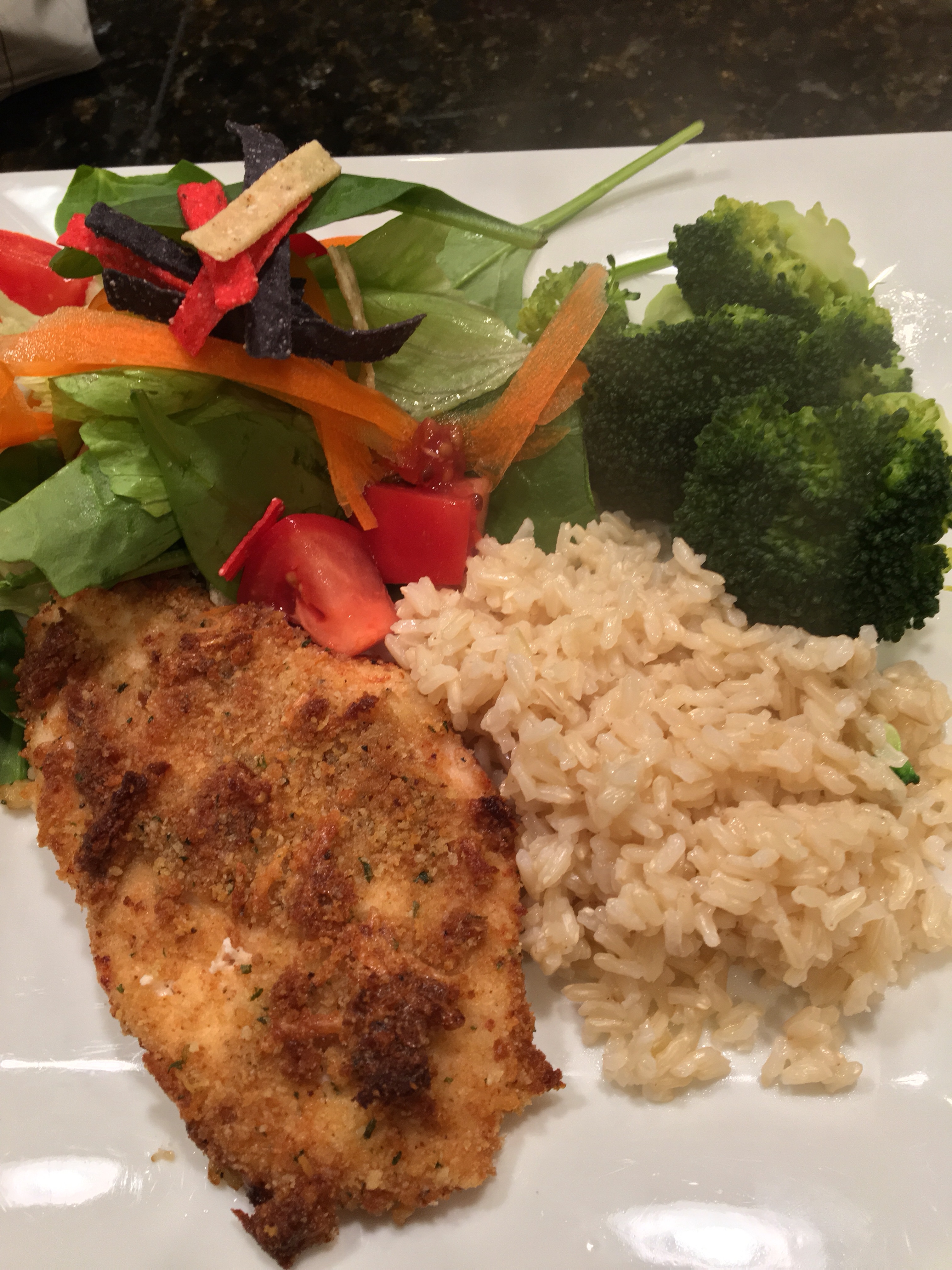 Oven bakes parmesan chicken (skinless breast) w jasmine brown rice. Dinner start to table – under an hour- test! Oven bakes parmesan chicken (skinless breast) w jasmine brown rice. Dinner start to table – under an hour- test!