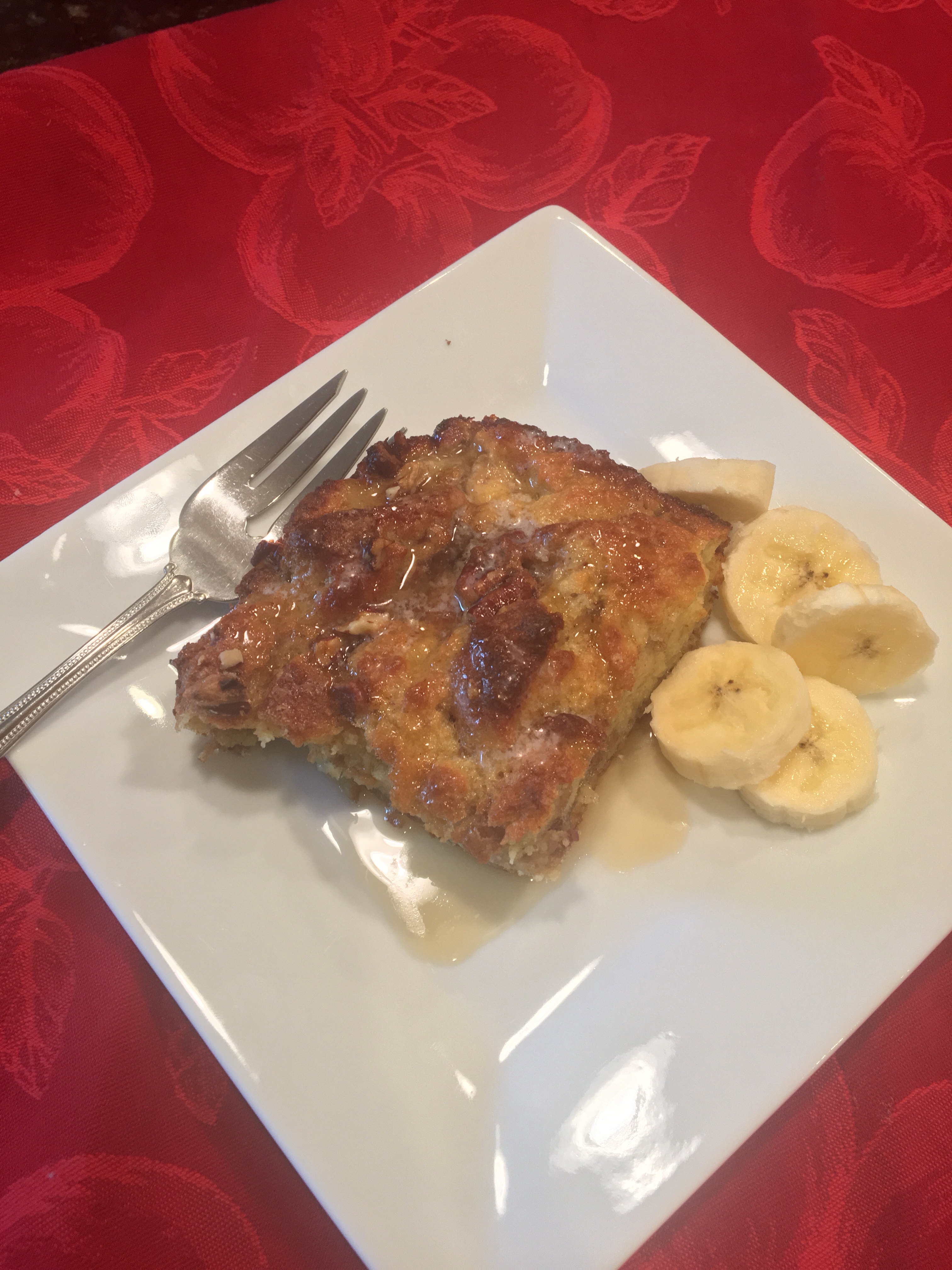 Sunday Morning Banana nut bread pudding.
