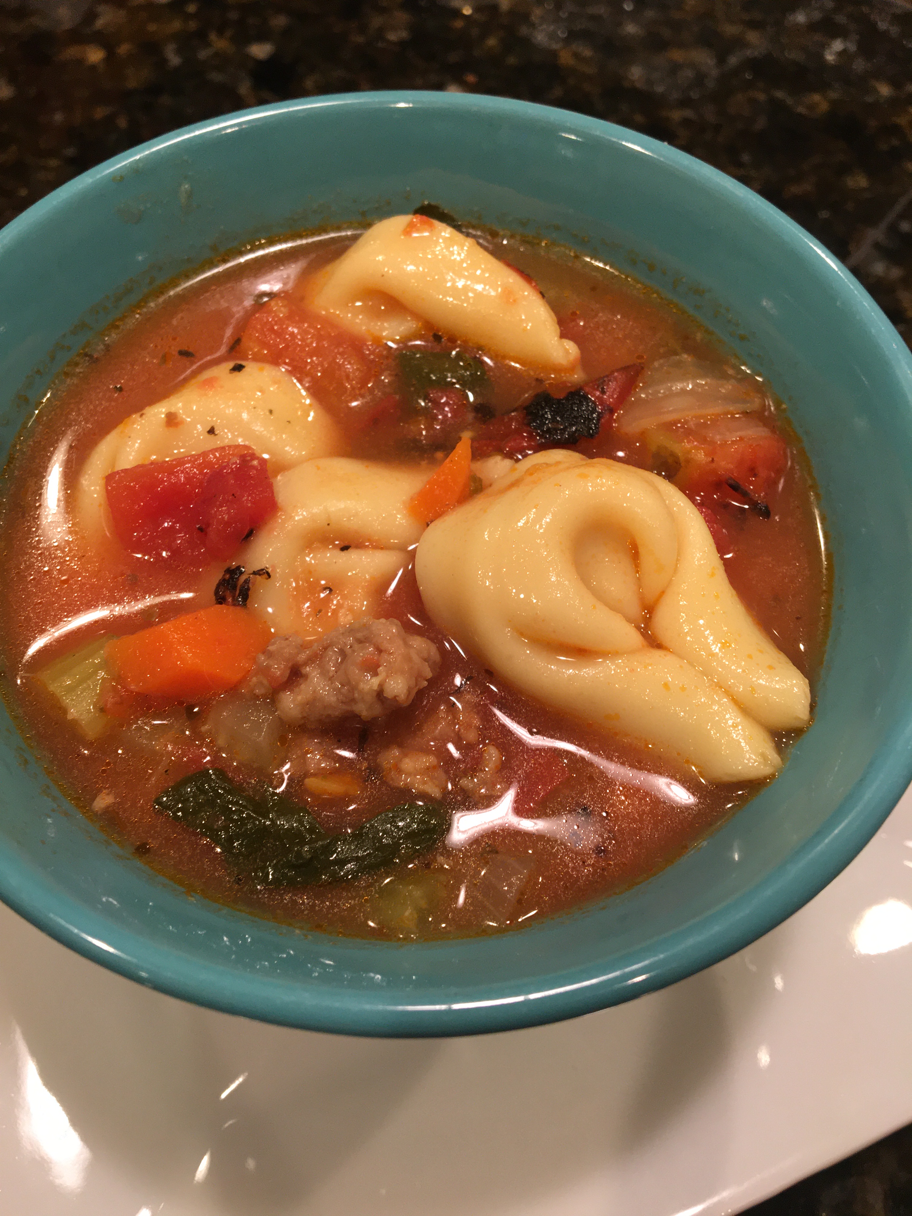 Tortellini Soup- my go to easy one pan goodness.